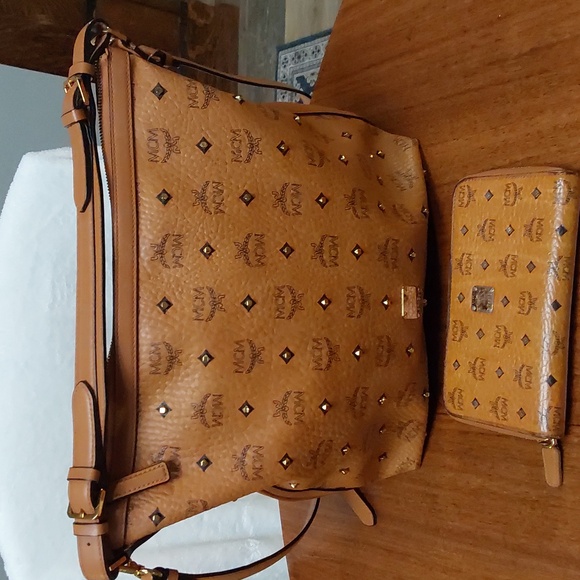 MCM Cognac Hobo Bag with Matching Wallet Iconic Monogram Print - Picture 2 of 12